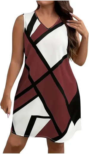 Tank Dress Geometric Printed Plus Size Dresses V-Neck Sleeveless Loose Midi Dresses Summer Dresses for Women 2025