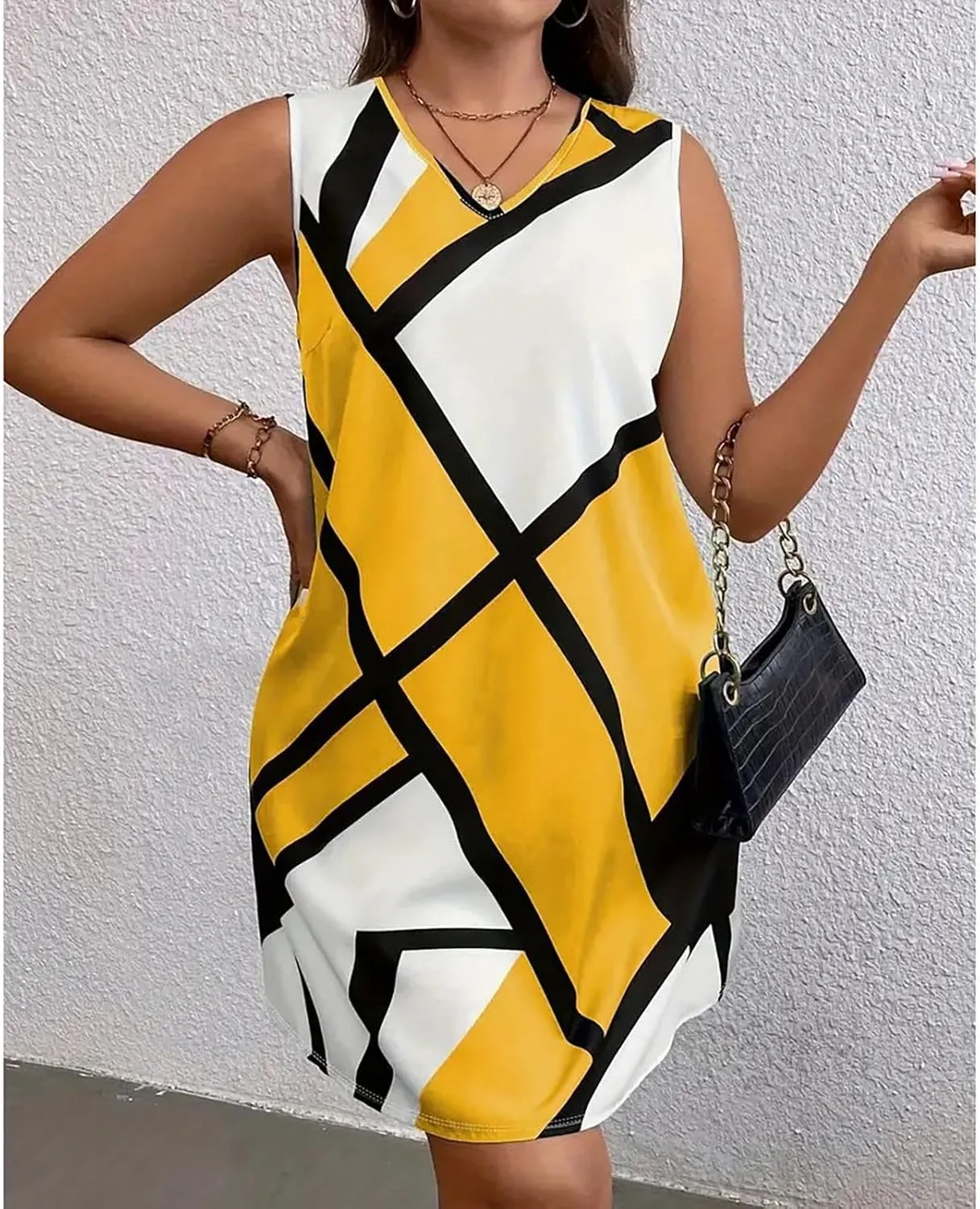 Tank Dress Geometric Printed Plus Size Dresses V-Neck Sleeveless Loose Midi Dresses Summer Dresses for Women 2025
