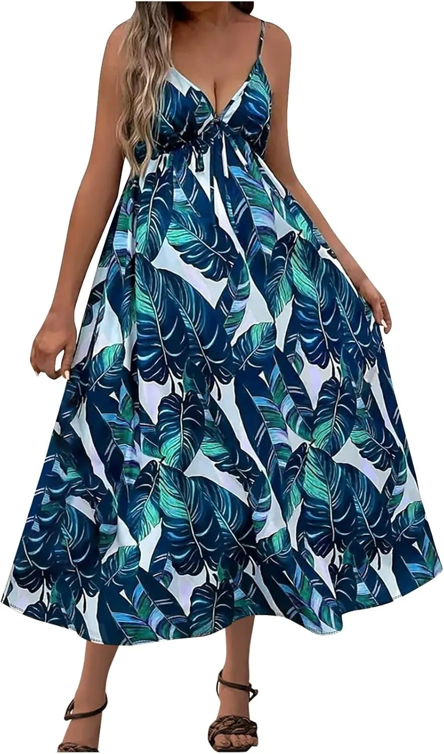 Tank Dresses for Women 2025 Plus Size Adjustable Spaghetti Strap Flower Dresses V-Neck Sleeveless Tropical midi Dress
