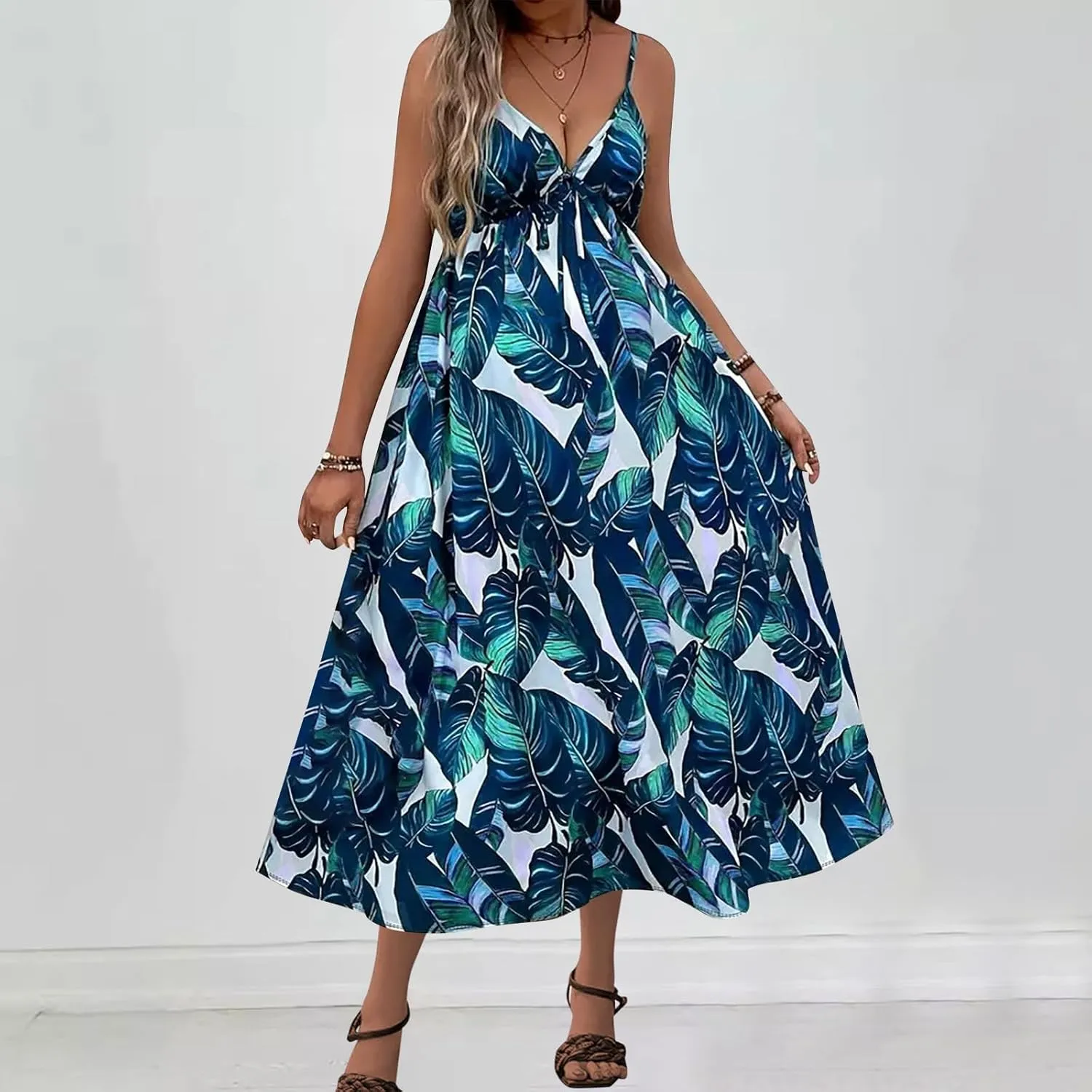 Tank Dresses for Women 2025 Plus Size Adjustable Spaghetti Strap Flower Dresses V-Neck Sleeveless Tropical midi Dress