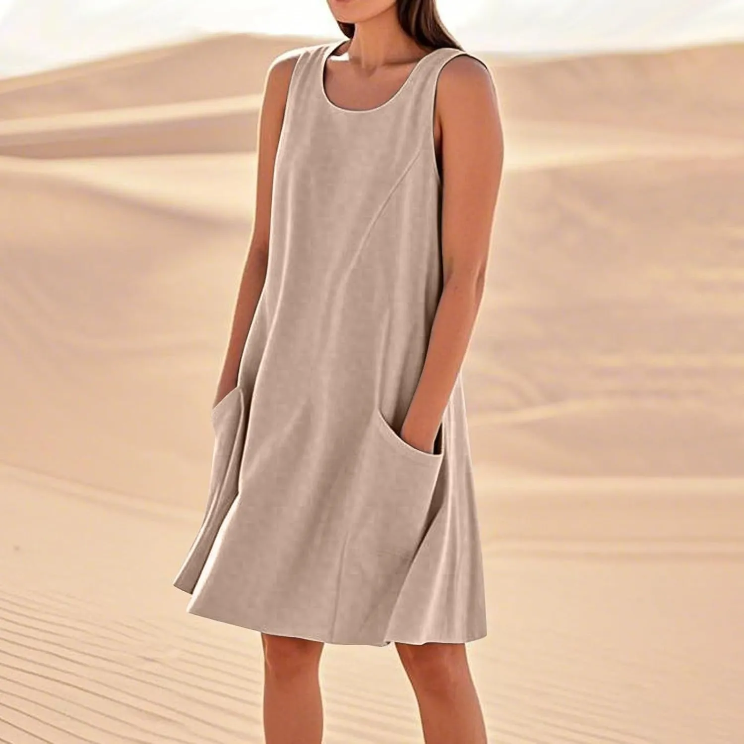 Tank Dresses for Women Trendy Sleeveless Boho Dress Flowy Mini Sundresses Casual Scoop Neck Summer Sundress with Pocket