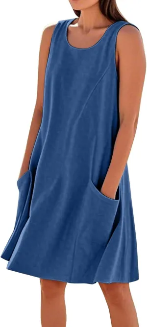 Tank Dresses for Women Trendy Sleeveless Boho Dress Flowy Mini Sundresses Casual Scoop Neck Summer Sundress with Pocket