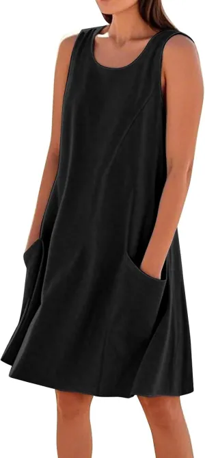Tank Dresses for Women Trendy Sleeveless Boho Dress Flowy Mini Sundresses Casual Scoop Neck Summer Sundress with Pocket