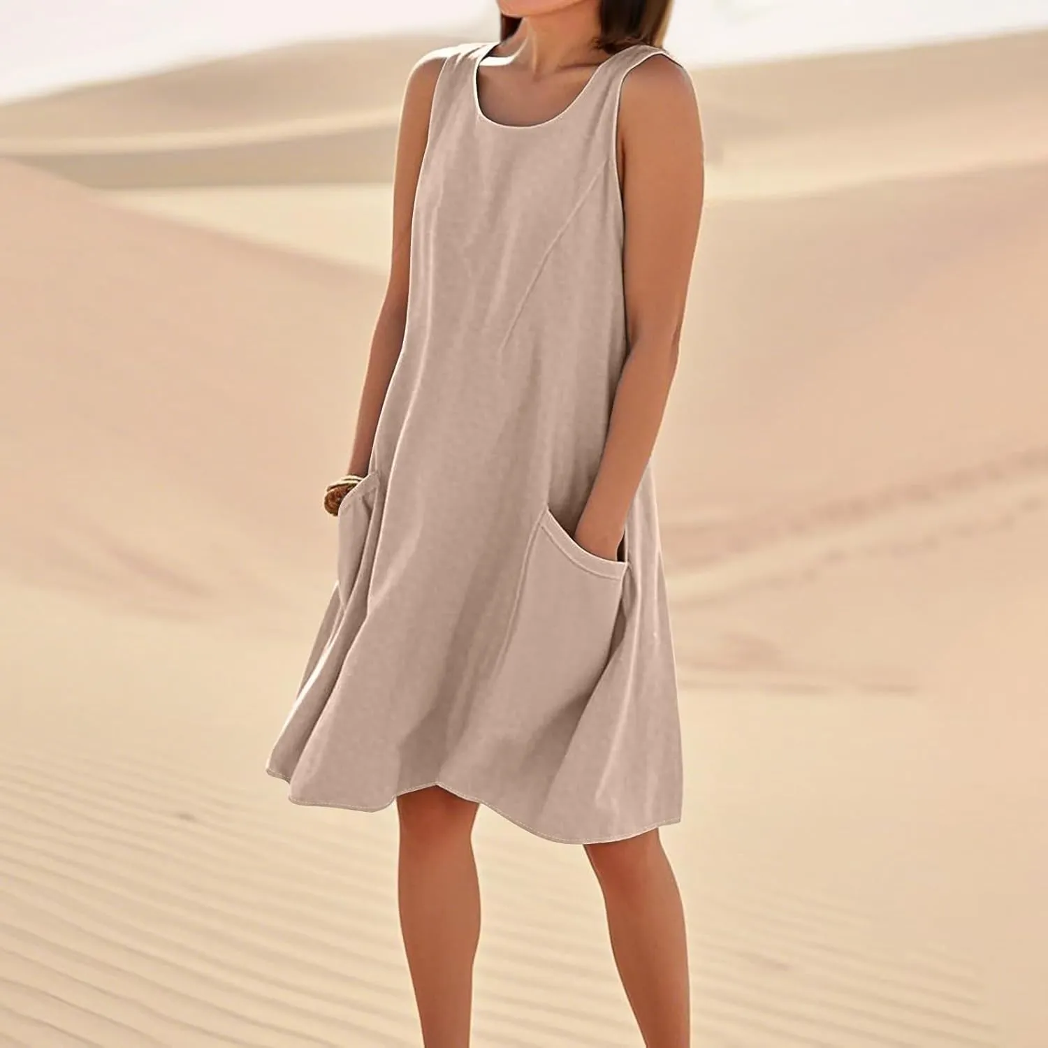 Tank Dresses for Women Trendy Sleeveless Boho Dress Flowy Mini Sundresses Casual Scoop Neck Summer Sundress with Pocket