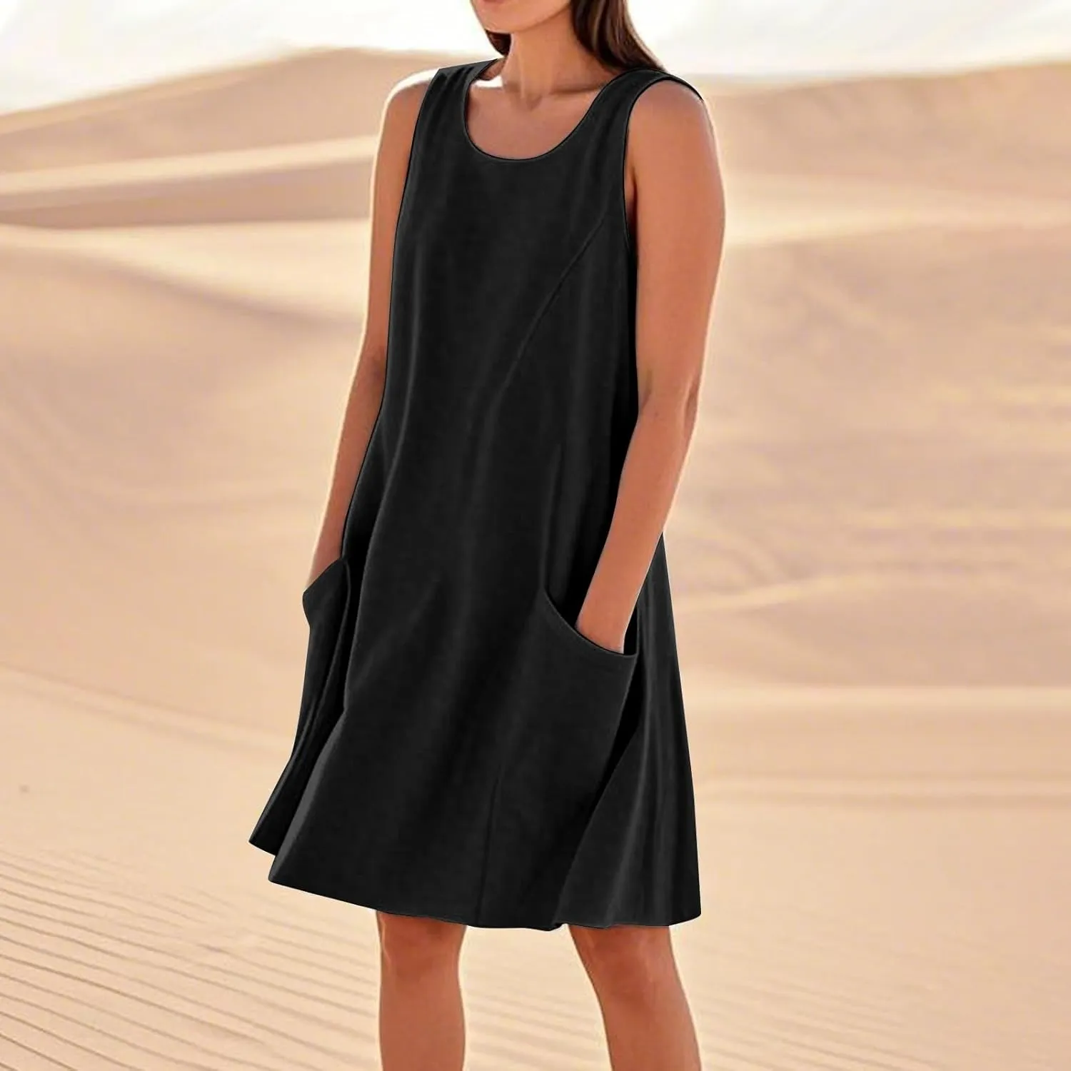 Tank Dresses for Women Trendy Sleeveless Boho Dress Flowy Mini Sundresses Casual Scoop Neck Summer Sundress with Pocket