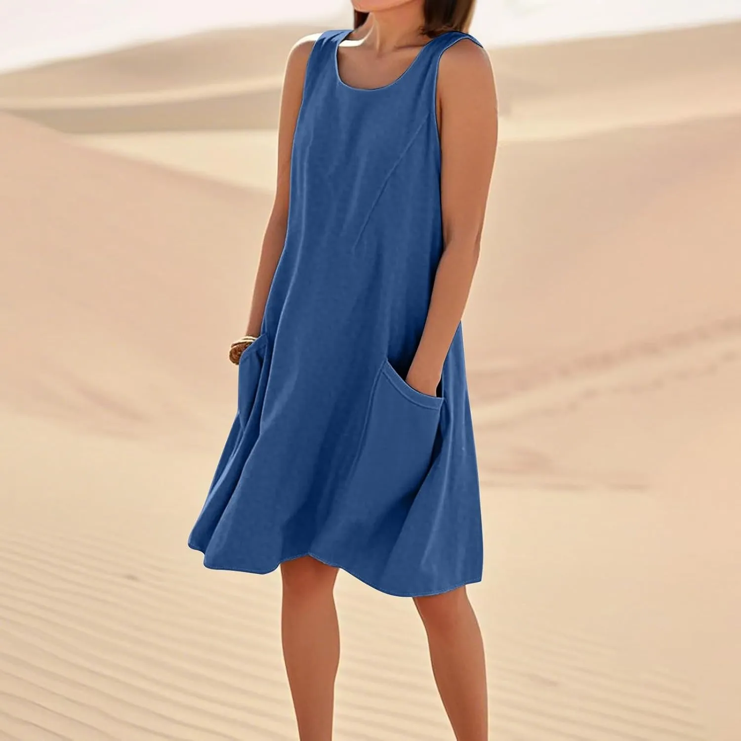 Tank Dresses for Women Trendy Sleeveless Boho Dress Flowy Mini Sundresses Casual Scoop Neck Summer Sundress with Pocket