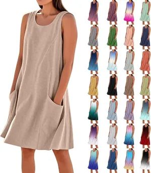 Tank Dresses for Women Trendy Sleeveless Boho Dress Flowy Mini Sundresses Casual Scoop Neck Summer Sundress with Pocket