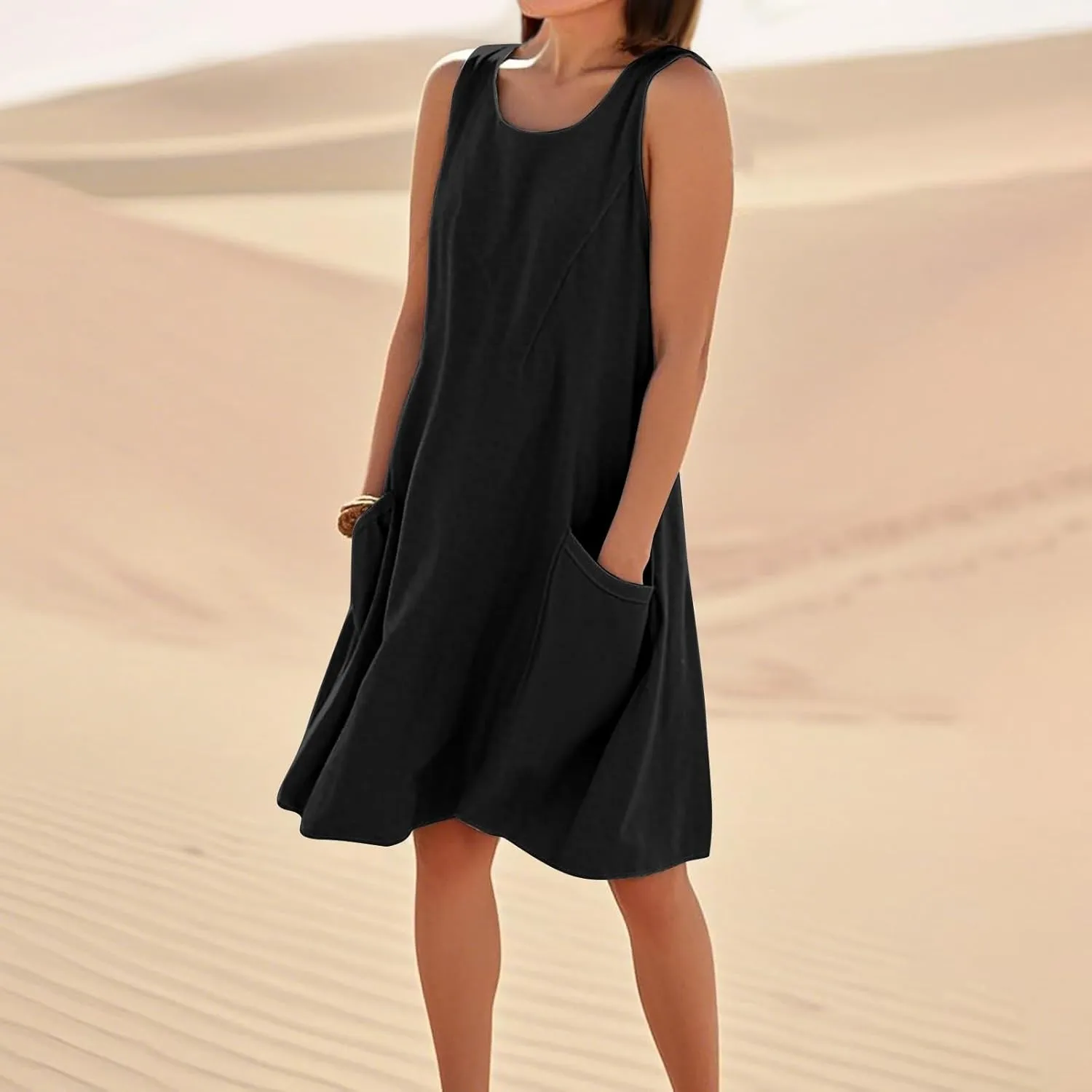 Tank Dresses for Women Trendy Sleeveless Boho Dress Flowy Mini Sundresses Casual Scoop Neck Summer Sundress with Pocket