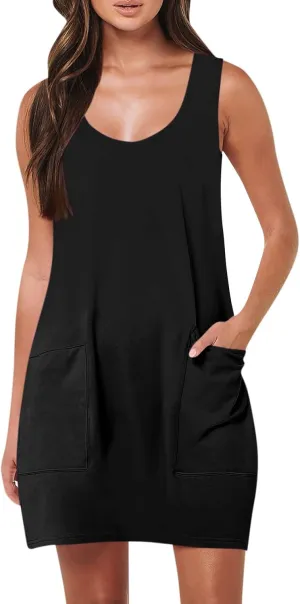 Tank Dresses for Women Trendy Sleeveless Vacation Mini Dress Casual Scoop Neck Beach Summer Sundress with Pocket