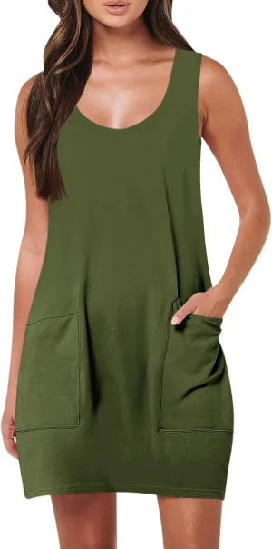 Tank Dresses for Women Trendy Sleeveless Vacation Mini Dress Casual Scoop Neck Beach Summer Sundress with Pocket