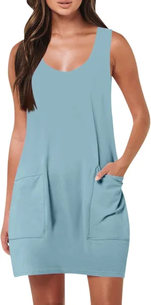 Tank Dresses for Women Trendy Sleeveless Vacation Mini Dress Casual Scoop Neck Beach Summer Sundress with Pocket