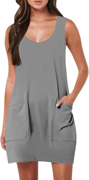 Tank Dresses for Women Trendy Sleeveless Vacation Mini Dress Casual Scoop Neck Beach Summer Sundress with Pocket