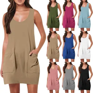 Tank Dresses for Women Trendy Sleeveless Vacation Mini Dress Casual Scoop Neck Beach Summer Sundress with Pocket