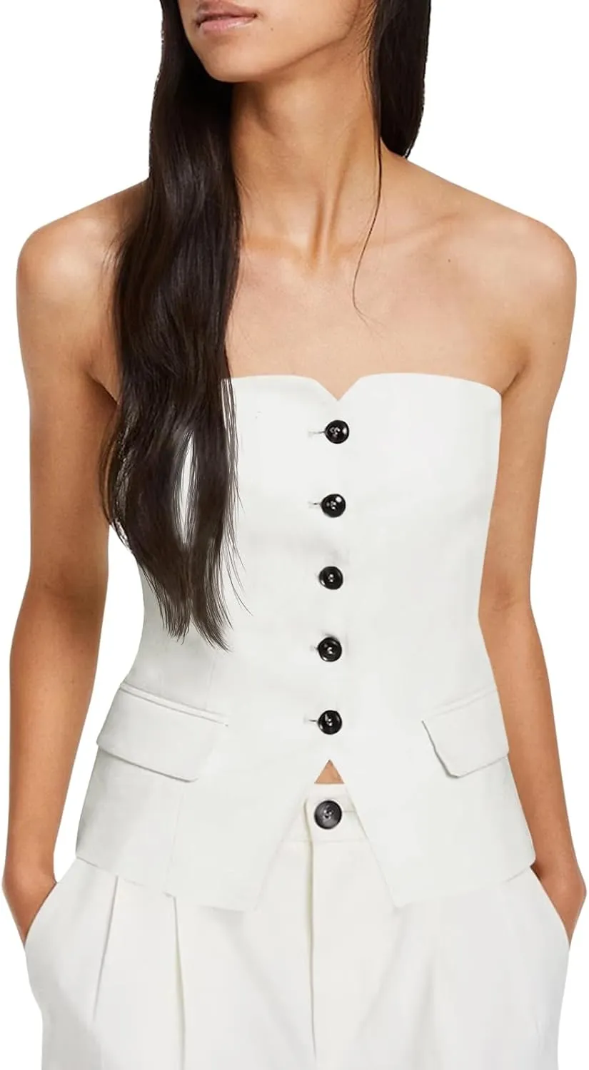 Tankaneo Womens Strapless Top Blazer Vest Notched Neck Tube Tops Sleeveless Button Fitted Work Blazers