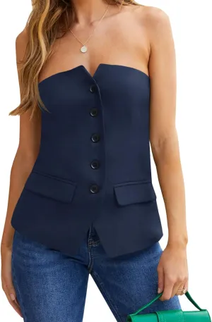 Tankaneo Womens Strapless Top Blazer Vest Notched Neck Tube Tops Sleeveless Button Fitted Work Blazers