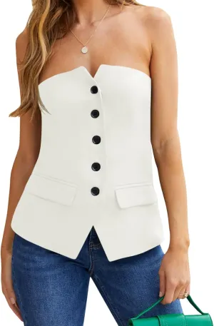 Tankaneo Womens Strapless Top Blazer Vest Notched Neck Tube Tops Sleeveless Button Fitted Work Blazers
