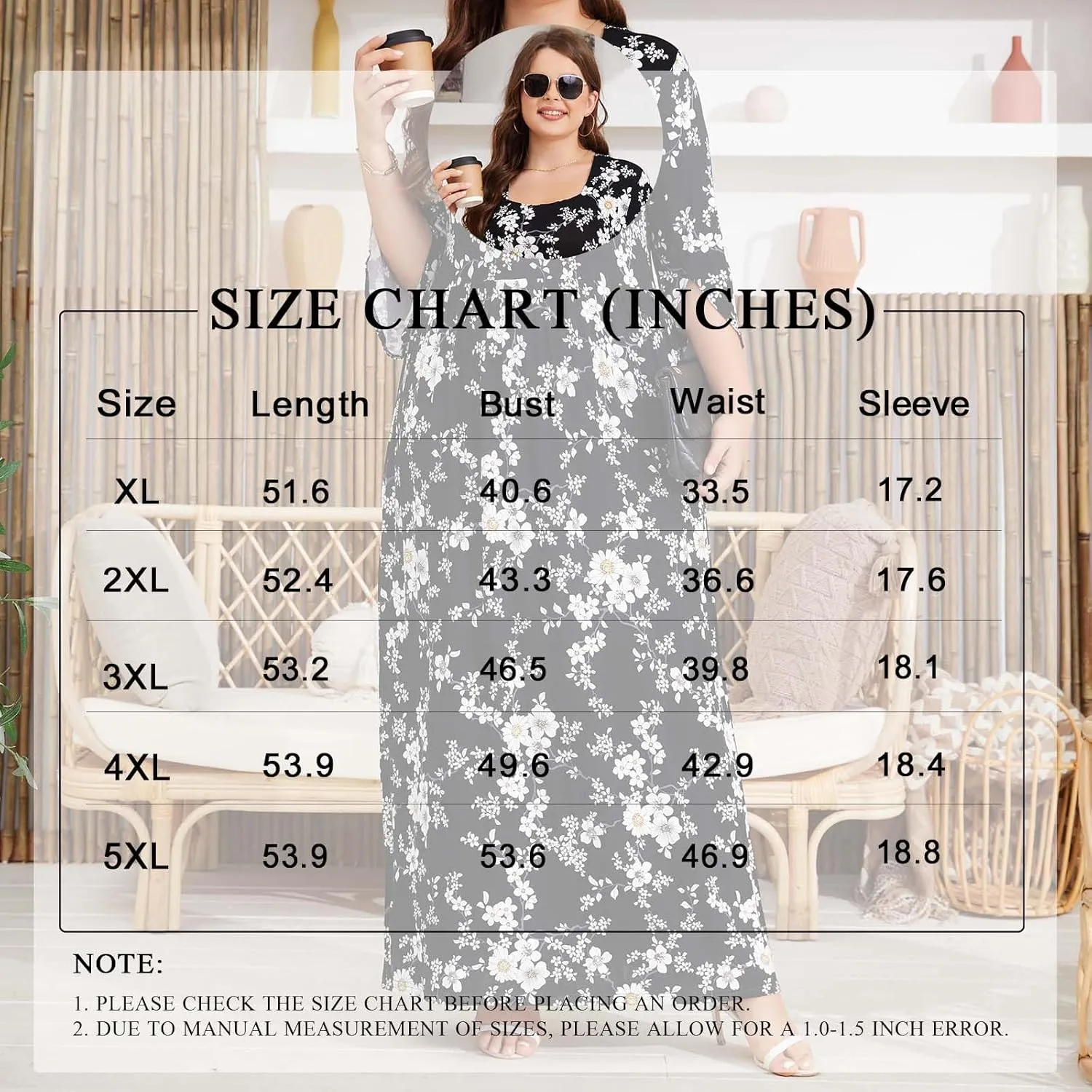 TAOHUADAO Women's Summer Plus Size Dresses Square Neck Ruffle 3/4 Sleeve Casual Maxi Dress