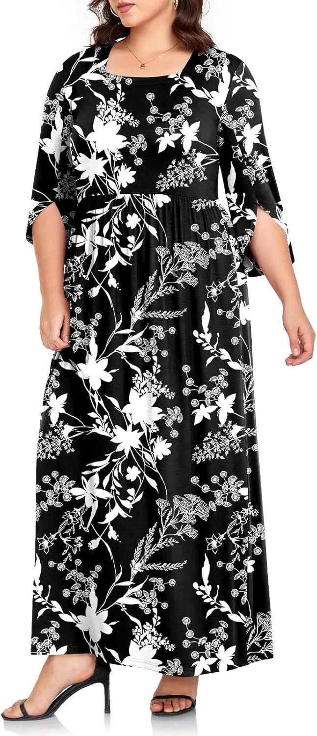 TAOHUADAO Women's Summer Plus Size Dresses Square Neck Ruffle 3/4 Sleeve Casual Maxi Dress