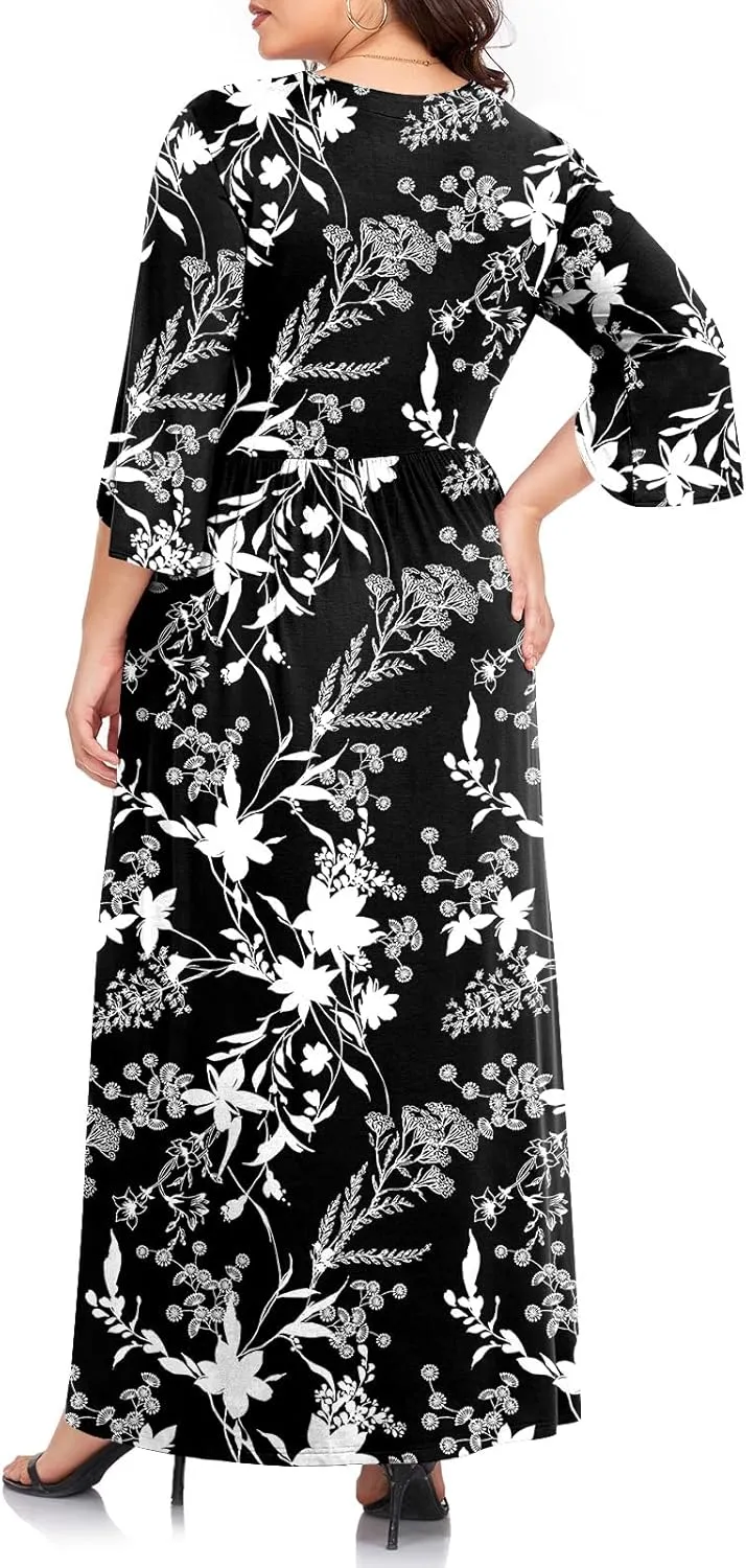 TAOHUADAO Women's Summer Plus Size Dresses Square Neck Ruffle 3/4 Sleeve Casual Maxi Dress