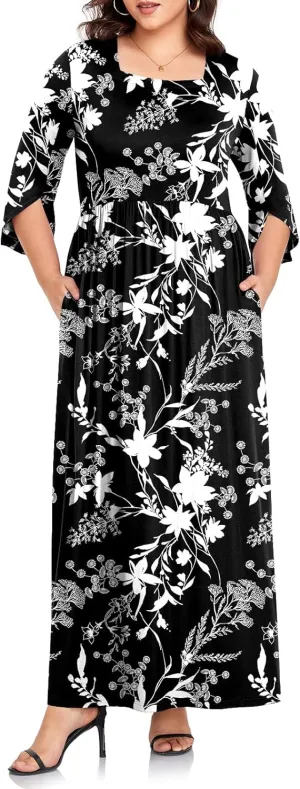 TAOHUADAO Women's Summer Plus Size Dresses Square Neck Ruffle 3/4 Sleeve Casual Maxi Dress