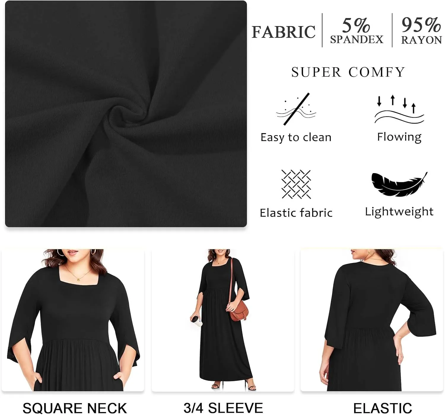 TAOHUADAO Women's Summer Plus Size Dresses Square Neck Ruffle 3/4 Sleeve Casual Maxi Dress
