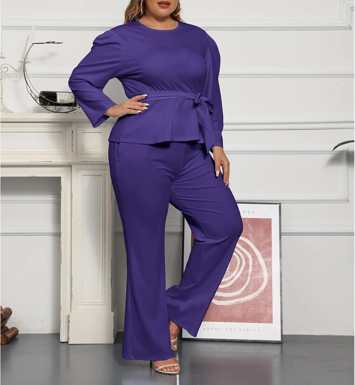 ThusFar Plus Size 2 Piece Outfits for Women Blazer Top Long Sleeve Long Pants Sets Casual Elegant Business Suit with Belt