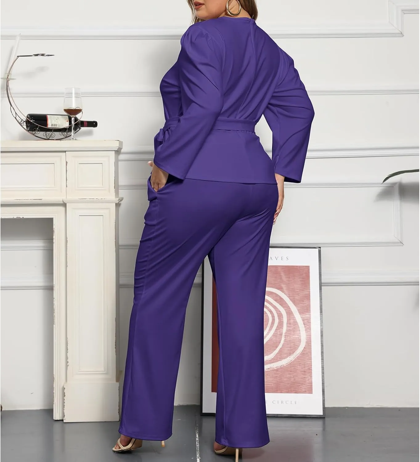 ThusFar Plus Size 2 Piece Outfits for Women Blazer Top Long Sleeve Long Pants Sets Casual Elegant Business Suit with Belt