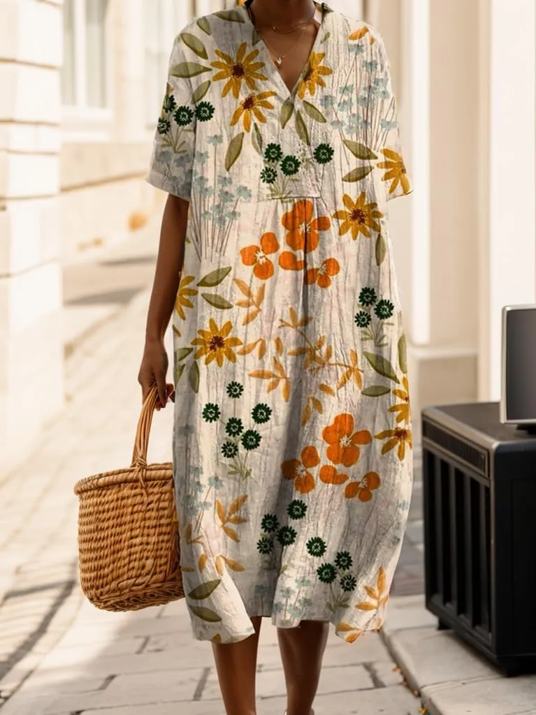 TIAFORD Womens Summer Boho Floral Retro V Neck Beach Sundress Casual Loose Short Sleeve Midi Flowy Dresses with Pockets