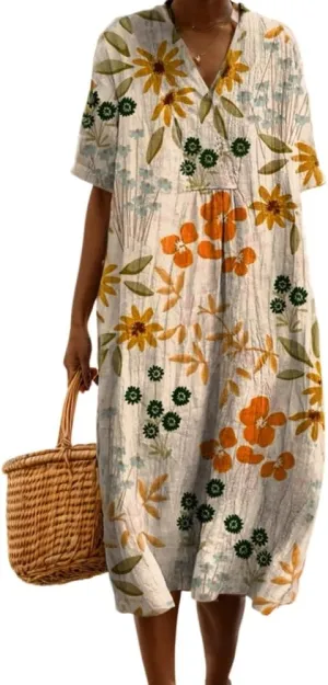 TIAFORD Womens Summer Boho Floral Retro V Neck Beach Sundress Casual Loose Short Sleeve Midi Flowy Dresses with Pockets