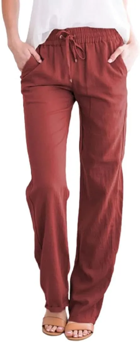 utcoco Womens Linen Pants Casual Straight Fit Elastic Waisted Drawsting Trousers with Pockets