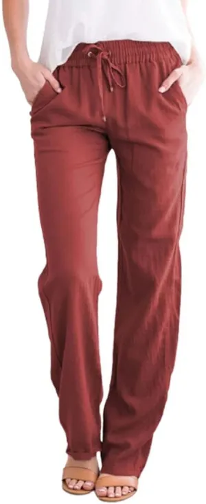 utcoco Womens Linen Pants Casual Straight Fit Elastic Waisted Drawsting Trousers with Pockets