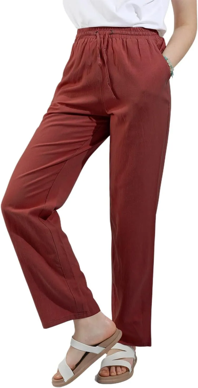 utcoco Womens Linen Pants Casual Straight Fit Elastic Waisted Drawsting Trousers with Pockets