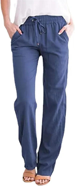 utcoco Womens Linen Pants Casual Straight Fit Elastic Waisted Drawsting Trousers with Pockets
