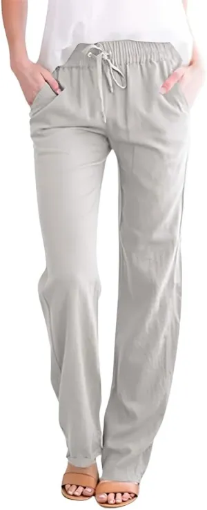 utcoco Womens Linen Pants Casual Straight Fit Elastic Waisted Drawsting Trousers with Pockets