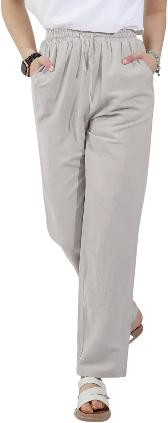 utcoco Womens Linen Pants Casual Straight Fit Elastic Waisted Drawsting Trousers with Pockets