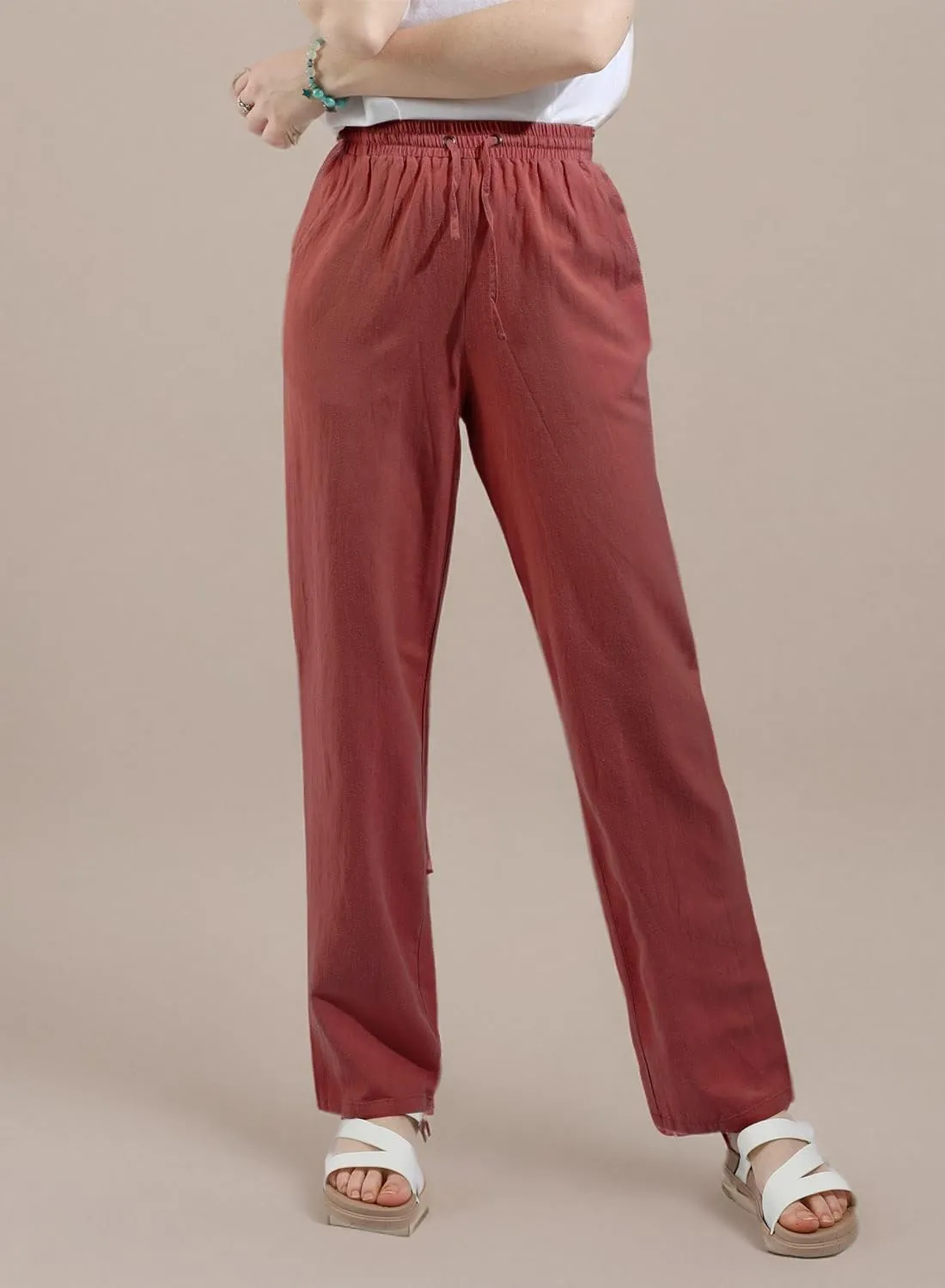 utcoco Womens Linen Pants Casual Straight Fit Elastic Waisted Drawsting Trousers with Pockets