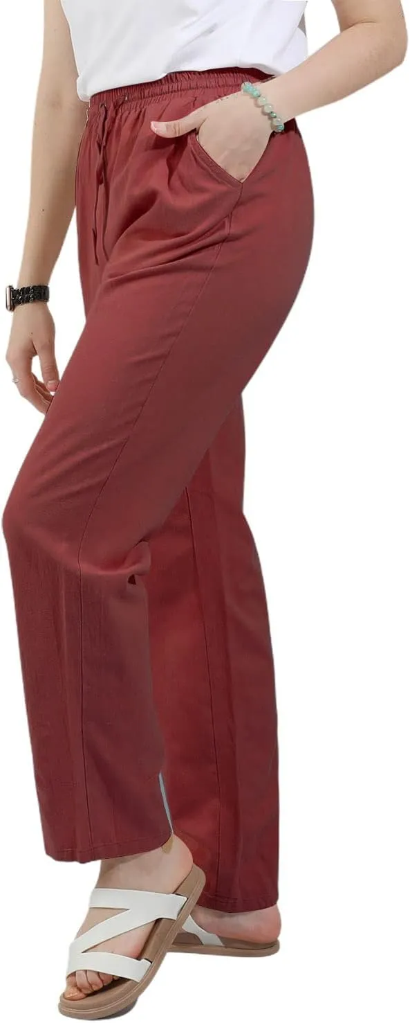 utcoco Womens Linen Pants Casual Straight Fit Elastic Waisted Drawsting Trousers with Pockets