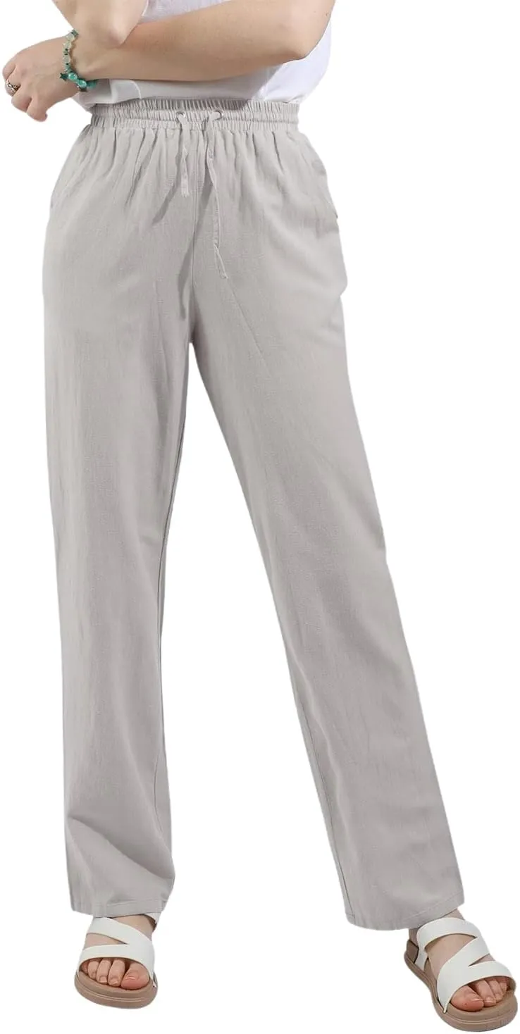 utcoco Womens Linen Pants Casual Straight Fit Elastic Waisted Drawsting Trousers with Pockets