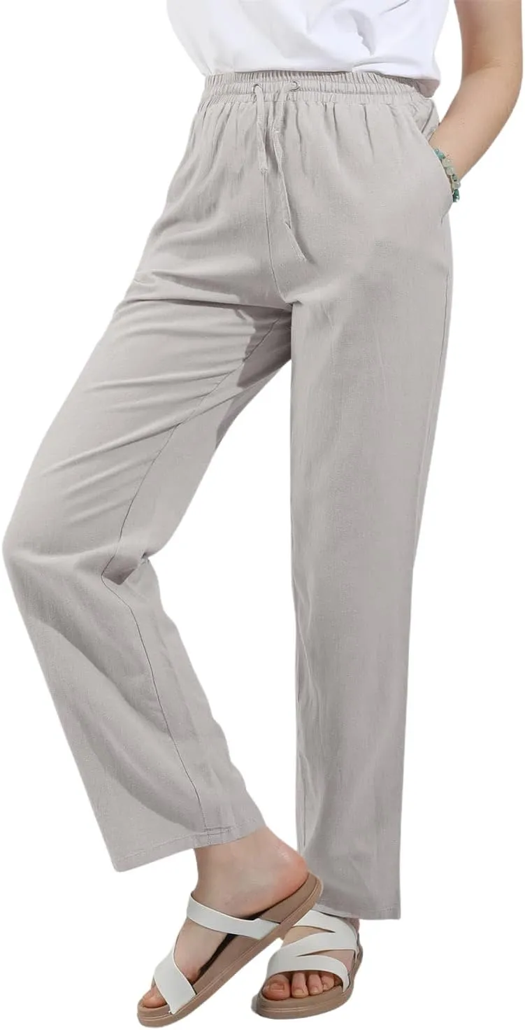 utcoco Womens Linen Pants Casual Straight Fit Elastic Waisted Drawsting Trousers with Pockets