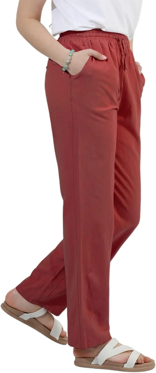 utcoco Womens Linen Pants Casual Straight Fit Elastic Waisted Drawsting Trousers with Pockets