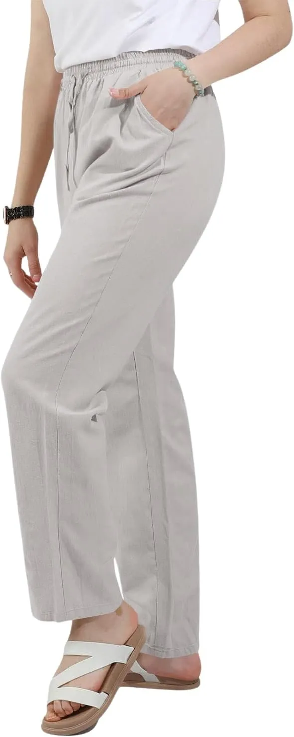 utcoco Womens Linen Pants Casual Straight Fit Elastic Waisted Drawsting Trousers with Pockets