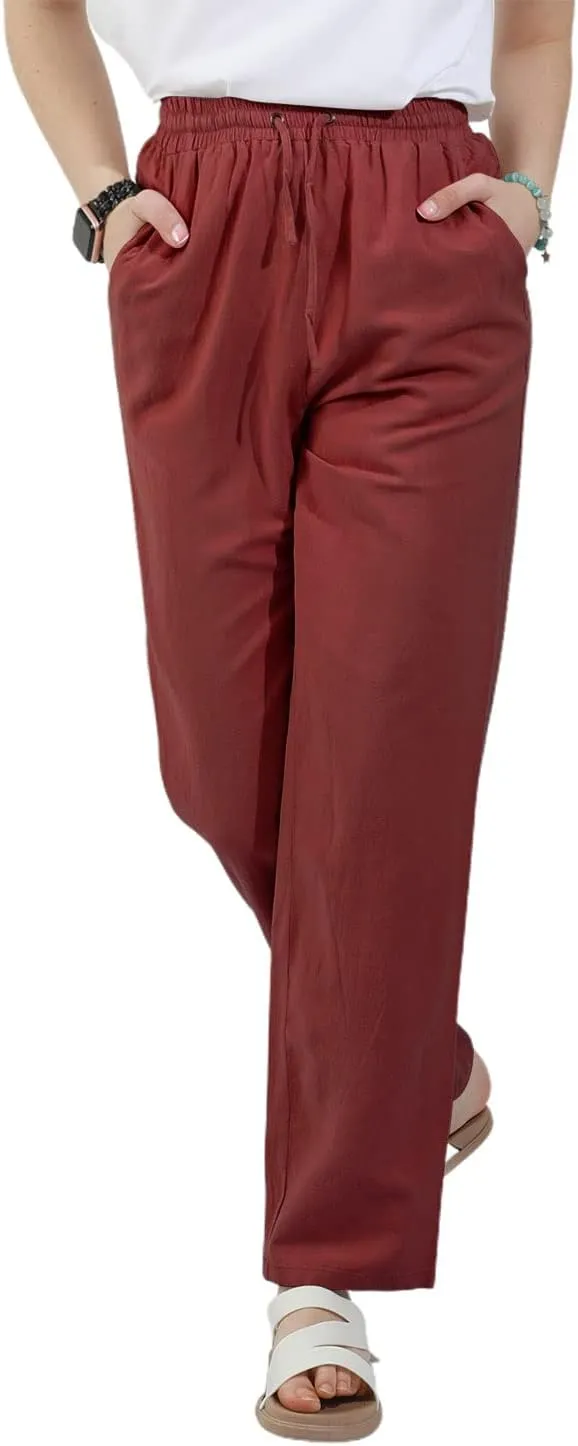 utcoco Womens Linen Pants Casual Straight Fit Elastic Waisted Drawsting Trousers with Pockets