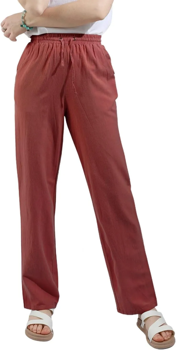 utcoco Womens Linen Pants Casual Straight Fit Elastic Waisted Drawsting Trousers with Pockets