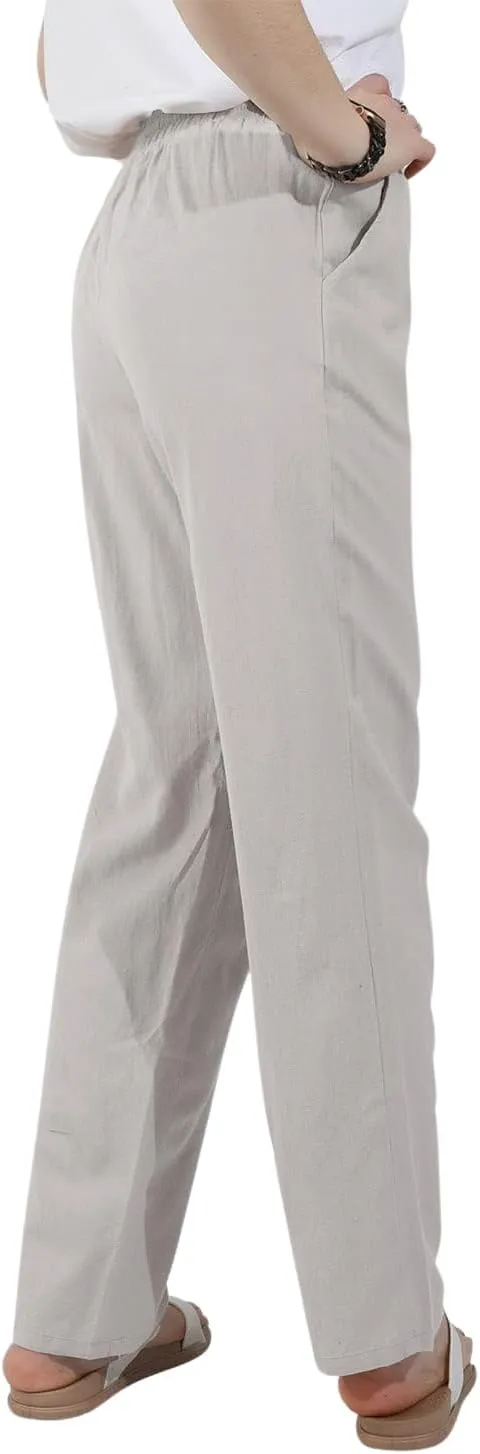utcoco Womens Linen Pants Casual Straight Fit Elastic Waisted Drawsting Trousers with Pockets