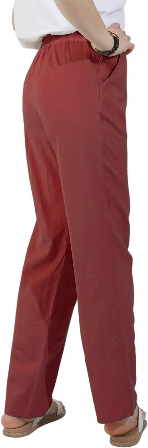 utcoco Womens Linen Pants Casual Straight Fit Elastic Waisted Drawsting Trousers with Pockets