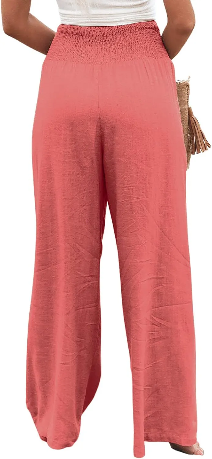 utcoco Womens Wide Leg Linen Palazzo Pants Casual Elastic Waisted Loose Fit Trousers