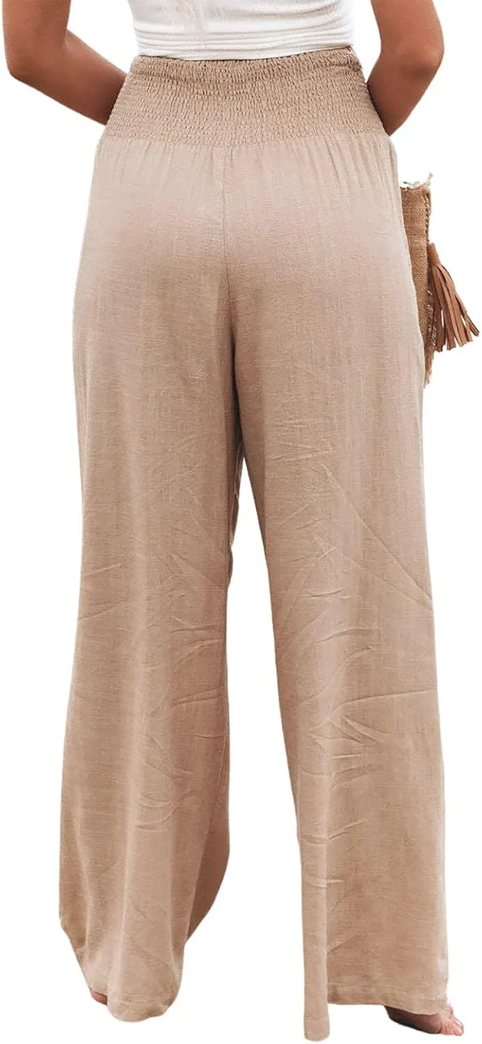 utcoco Womens Wide Leg Linen Palazzo Pants Casual Elastic Waisted Loose Fit Trousers