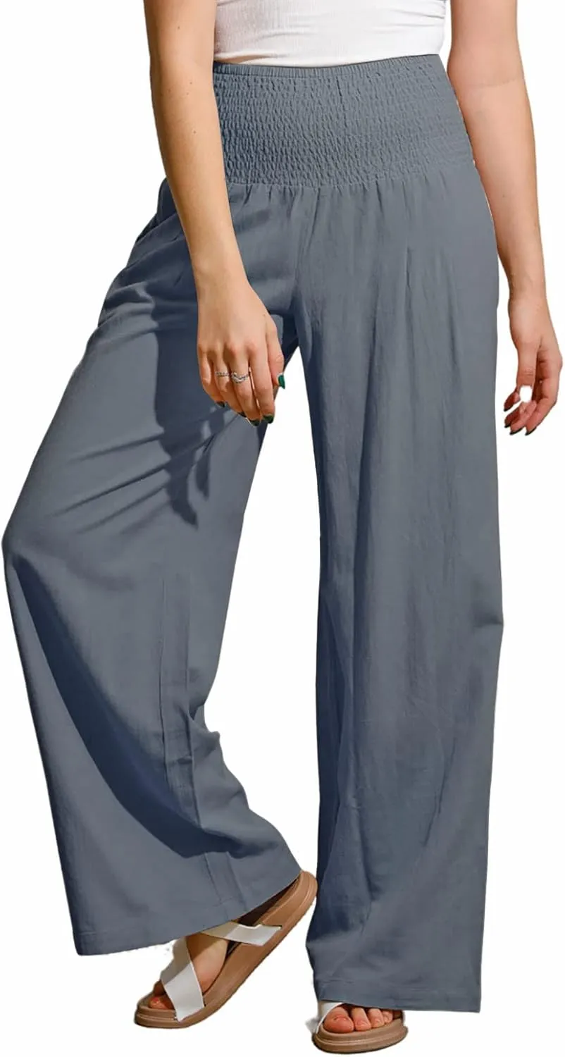 utcoco Womens Wide Leg Linen Palazzo Pants Casual Elastic Waisted Loose Fit Trousers