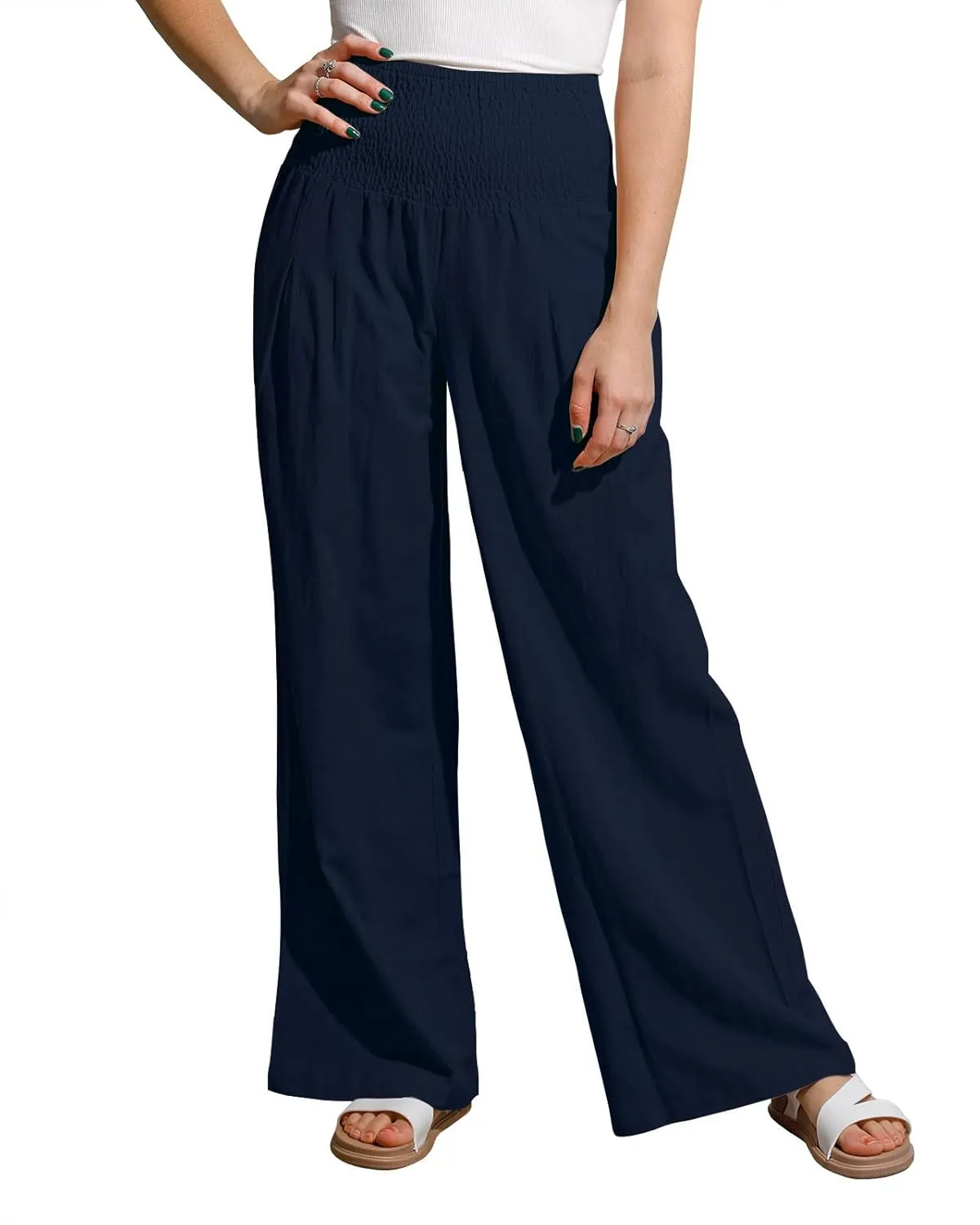 utcoco Womens Wide Leg Linen Palazzo Pants Casual Elastic Waisted Loose Fit Trousers
