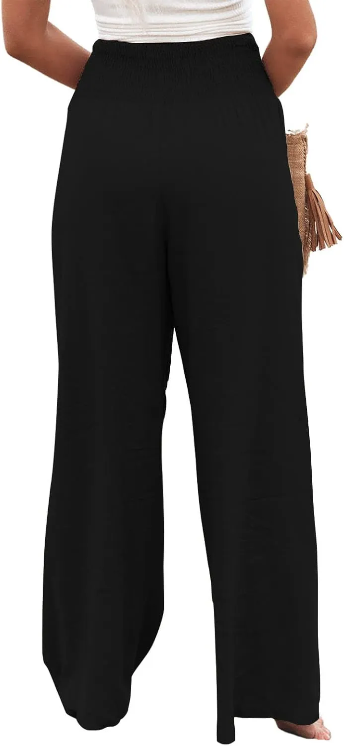utcoco Womens Wide Leg Linen Palazzo Pants Casual Elastic Waisted Loose Fit Trousers
